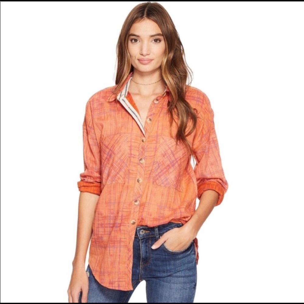 Free People Shore Vibes Orange Button Down Shirt Size Small